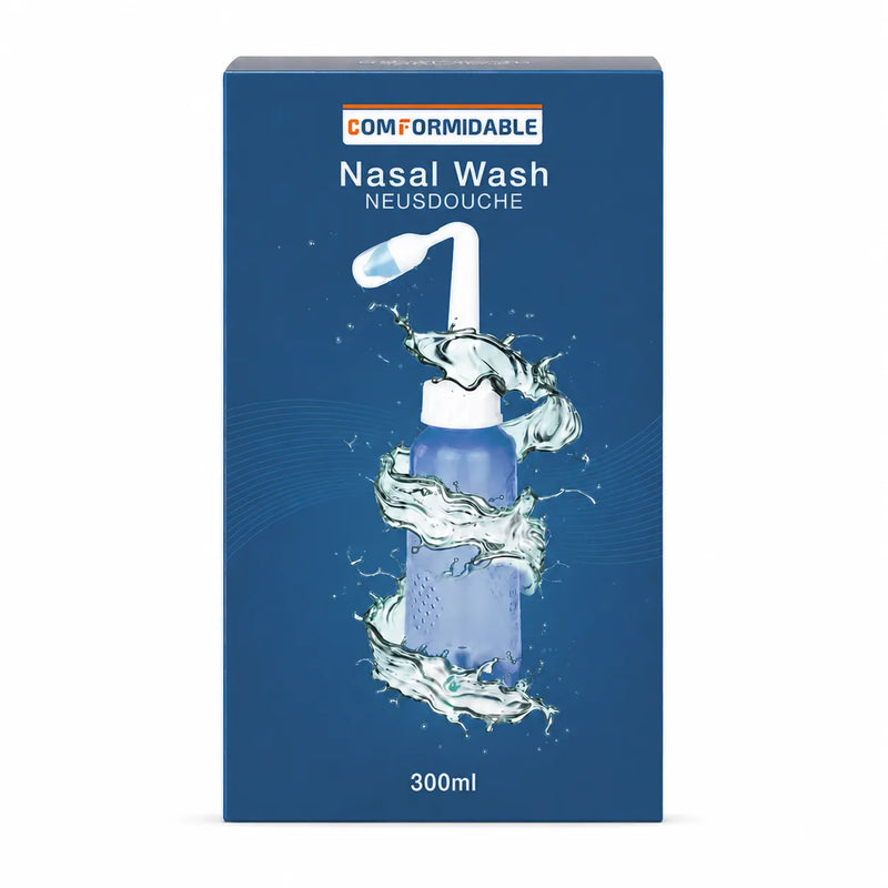 Vooraanzicht van de donkerblauwe verpakking van de Comformidable Nasal Wash neusdouche (300 ml).