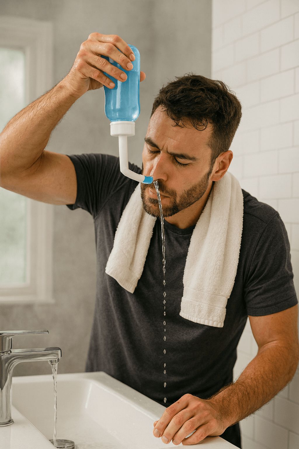 Man met een handdoek om zijn nek gebruikt de neusspoelfles boven een wasbak voor verlichting bij een verstopte neus.