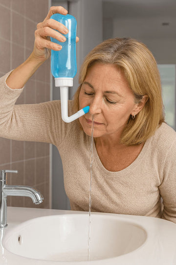 Een volwassen vrouw gebruikt een blauwe neusspoelfles boven een wastafel om haar neusholtes effectief te reinigen.