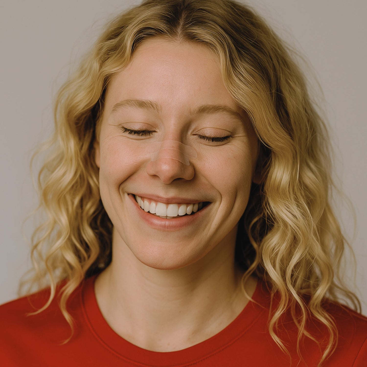 Portret van een vrouw die de onopvallendheid van de transparante neuspleister demonstreert tijdens dagelijkse activiteiten.