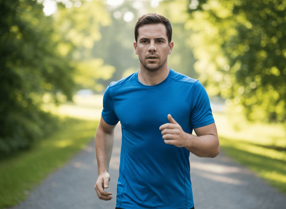 Een man in een blauw sportshirt rent buiten terwijl hij een neuspleister draagt voor optimale luchtstroom.
