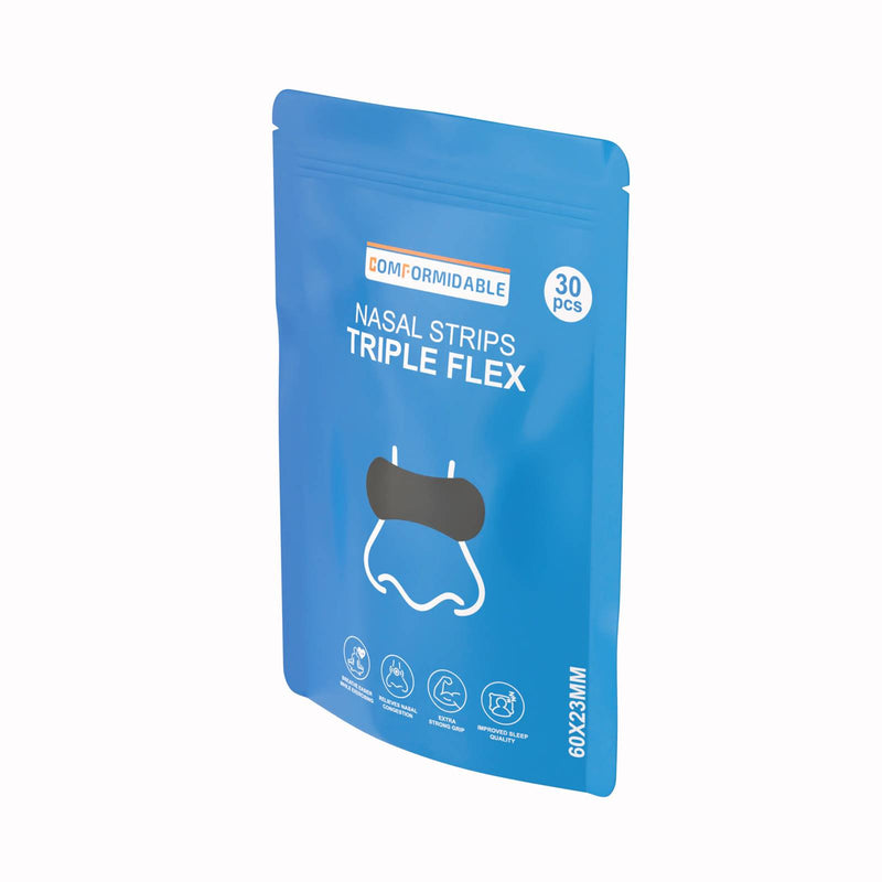 Schuin weergegeven verpakking van Comformidable Nasal Strips Triple Flex met illustratie van een neus en vermelding van 30 stuks.