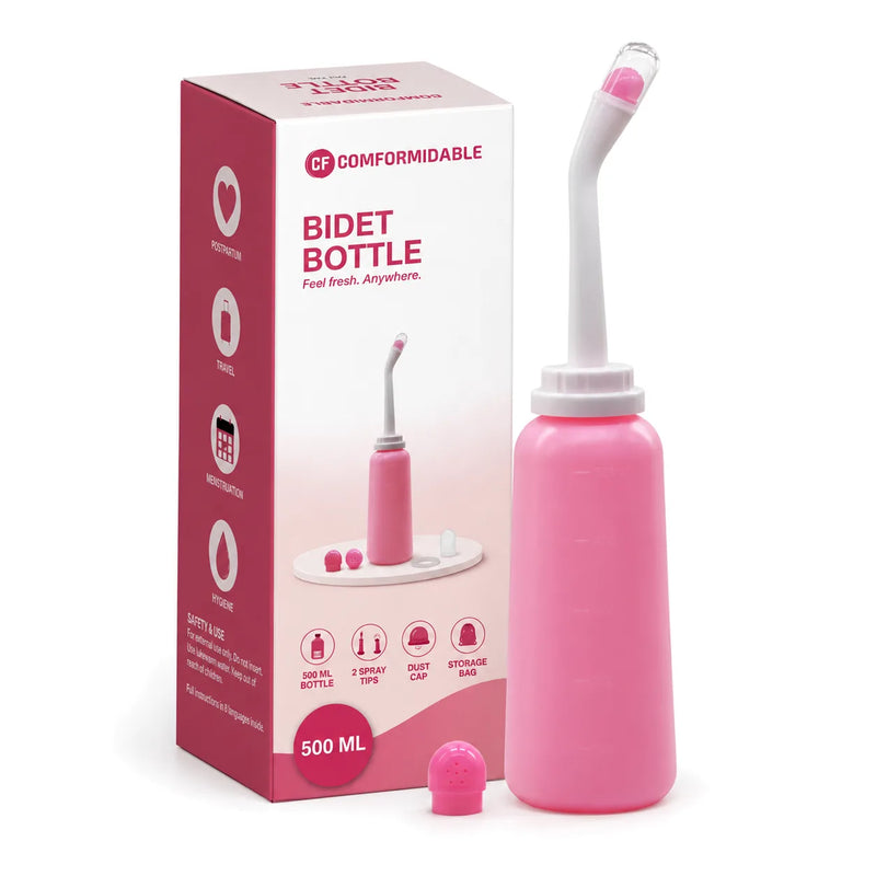 Comformidable peri bottle: doos met de roze bidetfles van 500 ml, gebogen sproeikop en zacht opzetstuk