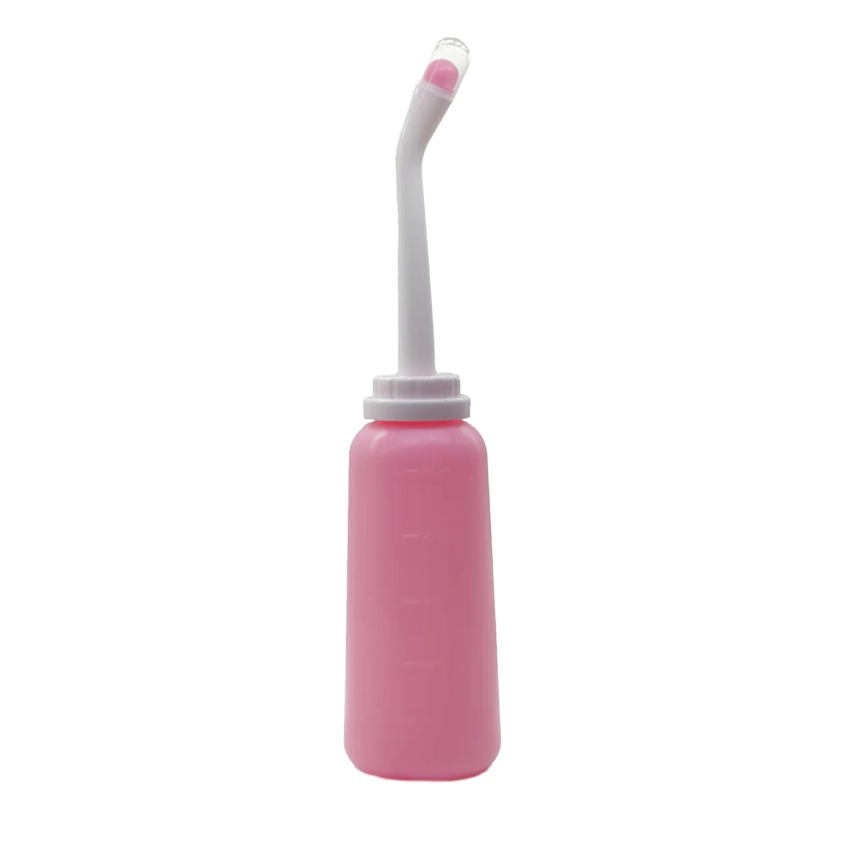 Roze bidetfles van 500 ml met witte gebogen sproeikop en stofkapje
