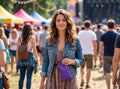 Vrouw op een festival met het paarse opbergzakje van de plastuit in haar hand