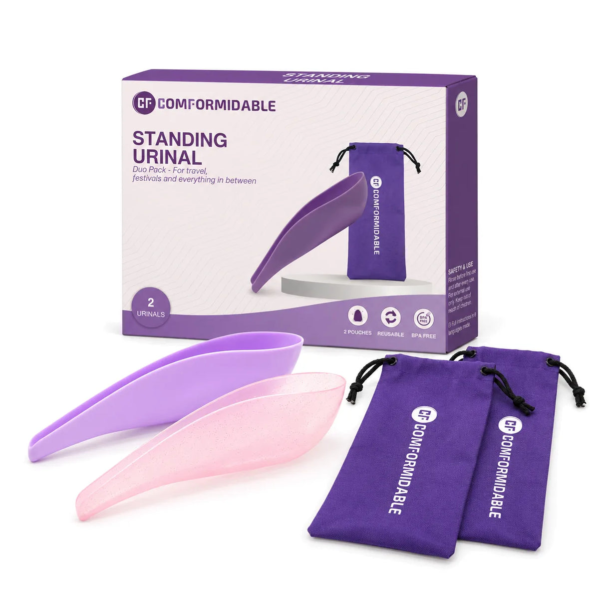 Comformidable plastuit voor vrouwen: doos met een paarse en een roze plastuit en twee paarse opbergzakjes
