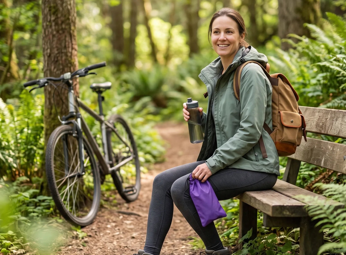 Vrouw op een bankje in het bos naast haar fiets met het opbergzakje van de plastuit