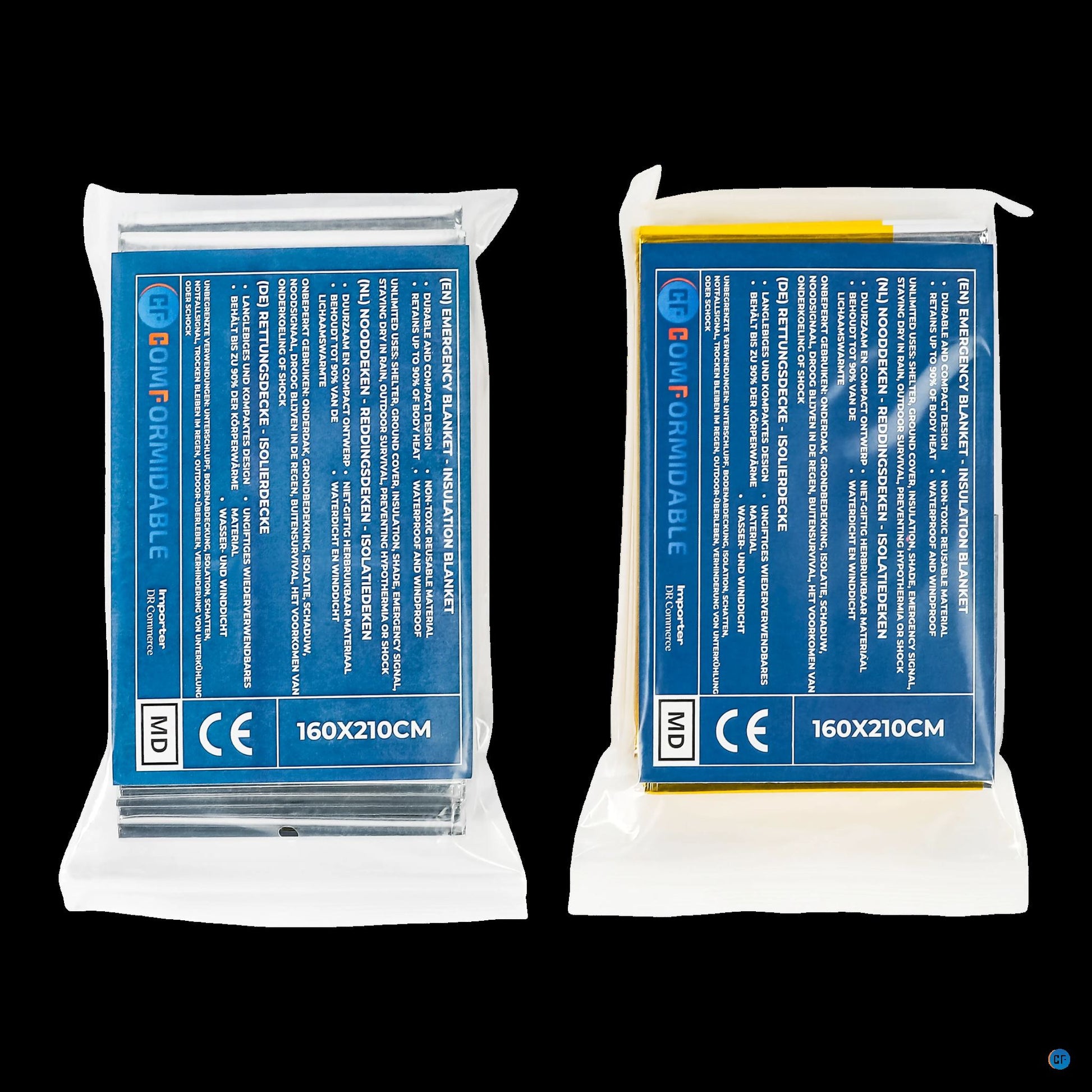 Individueel verpakte Comformidable reddingsdeken met productspecificaties zichtbaar