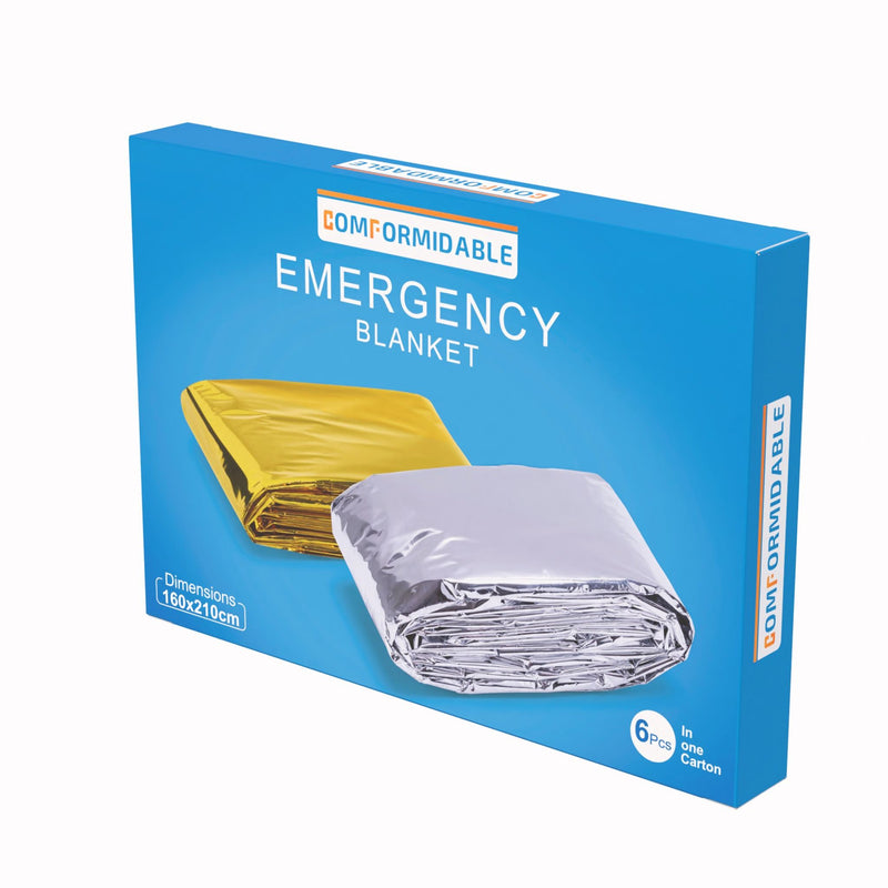 Comformidable Emergency Blanket verpakking met goud- en zilverkleurige reddingsdeken schuin afgebeeld