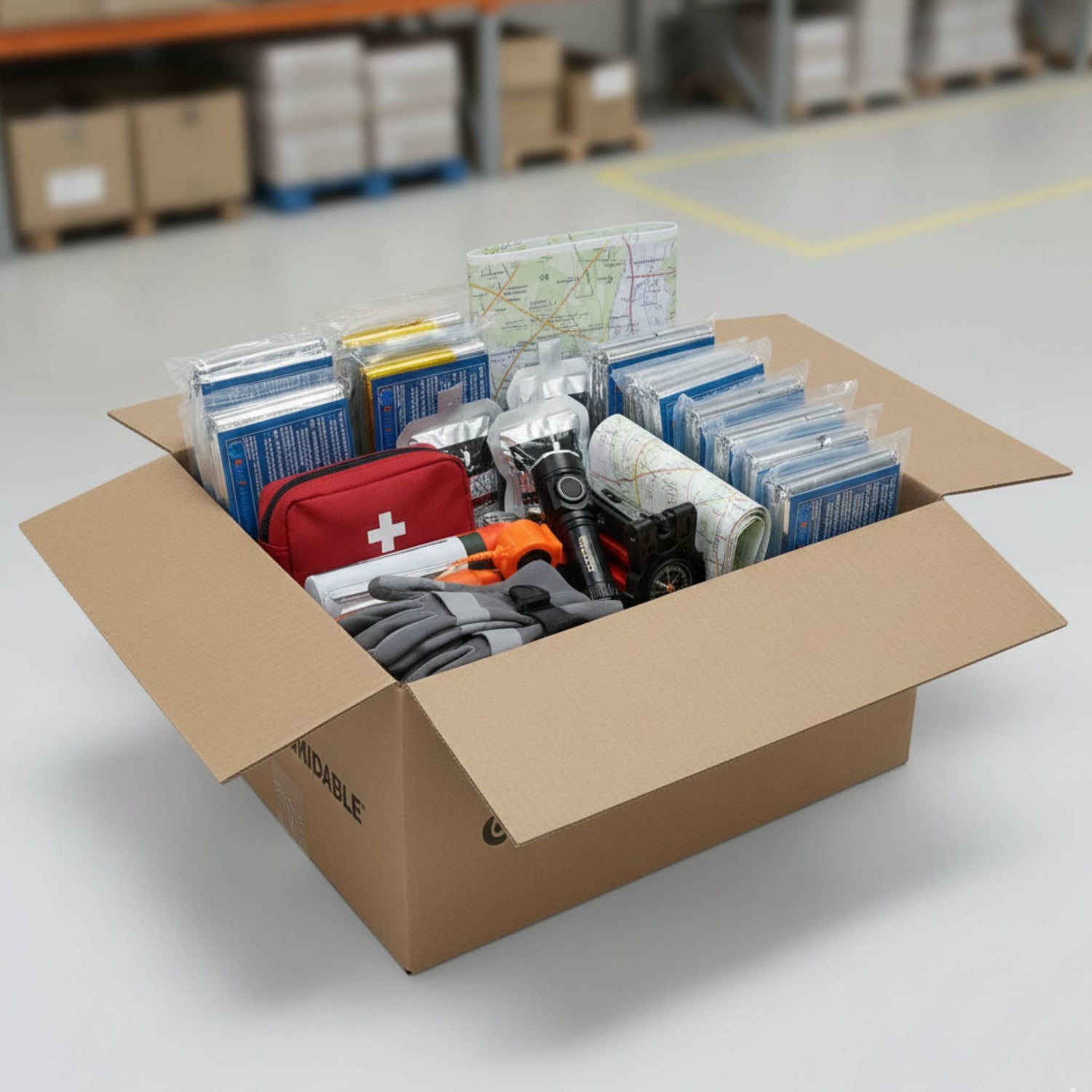 Geopende Comformidable verzenddoos gevuld met noodpakketten, zaklampen en EHBO-artikelen.