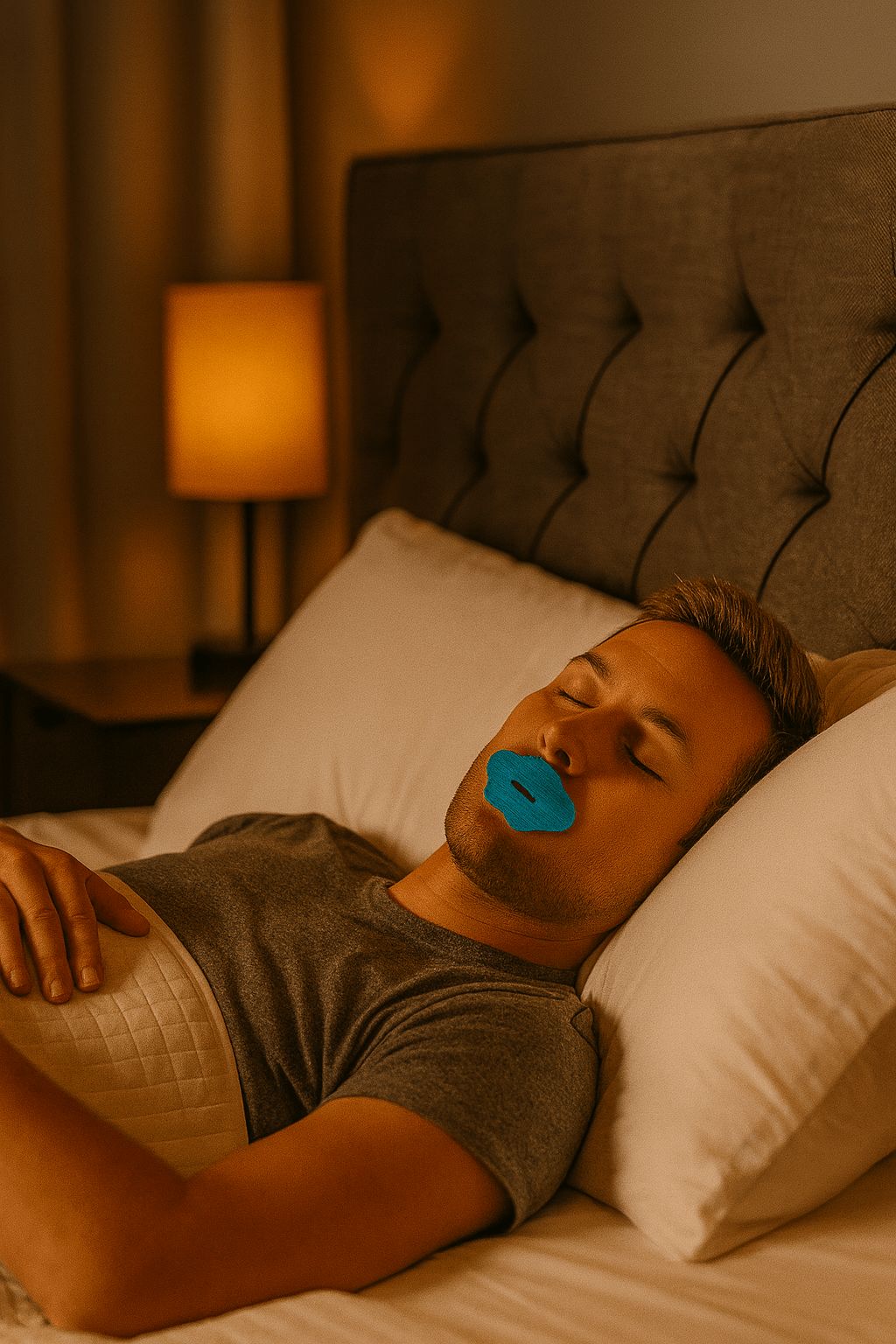 an in diepe slaap met een ergonomische mondstrip die helpt bij het behouden van een natuurlijke neusademhaling.