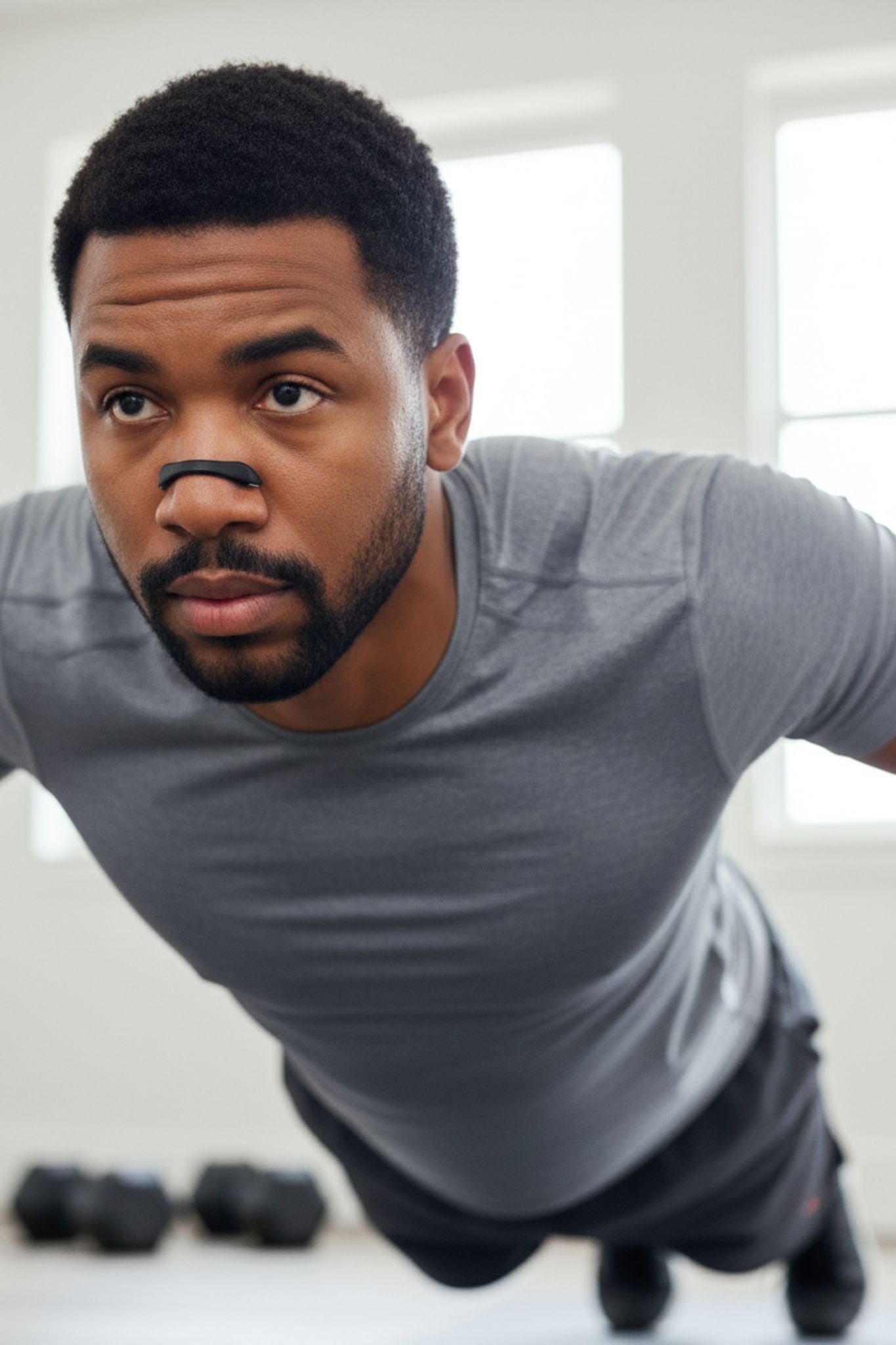 Man draagt een zwarte magnetische neusspreider tijdens een intensieve workout om de ademhaling te verbeteren.