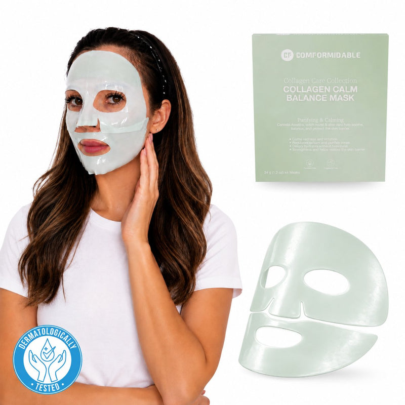 Model met Comformidable Collagen Calm Balance Mask, tweedelig groen hydrogel collageen masker, met verpakking