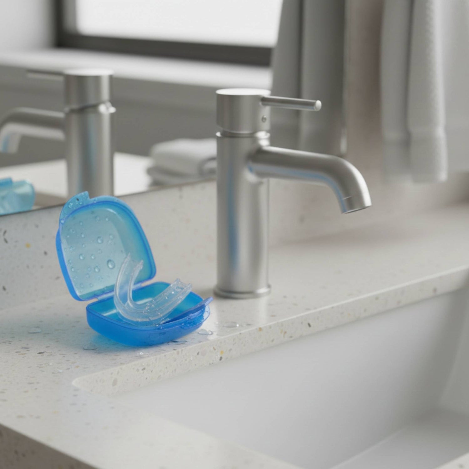 Comformidable anti-snurk mondstuk in een blauwe hygiënische opbergcase op een wastafel.