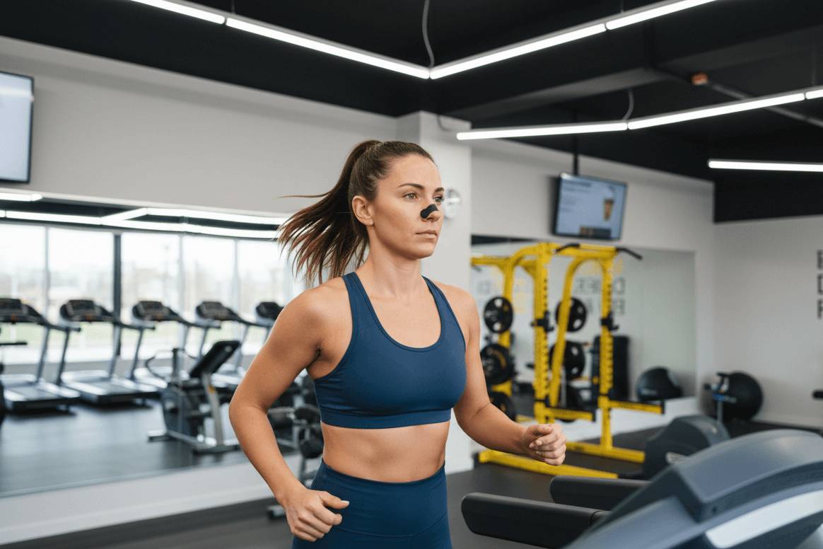 Vrouw die hardloopt op een loopband in een sportschool met een neusstrip