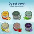Overzicht van alle zes geuren in de Comformidable shower steamers set citrus mint eucalyptus rose chamomile lavendel