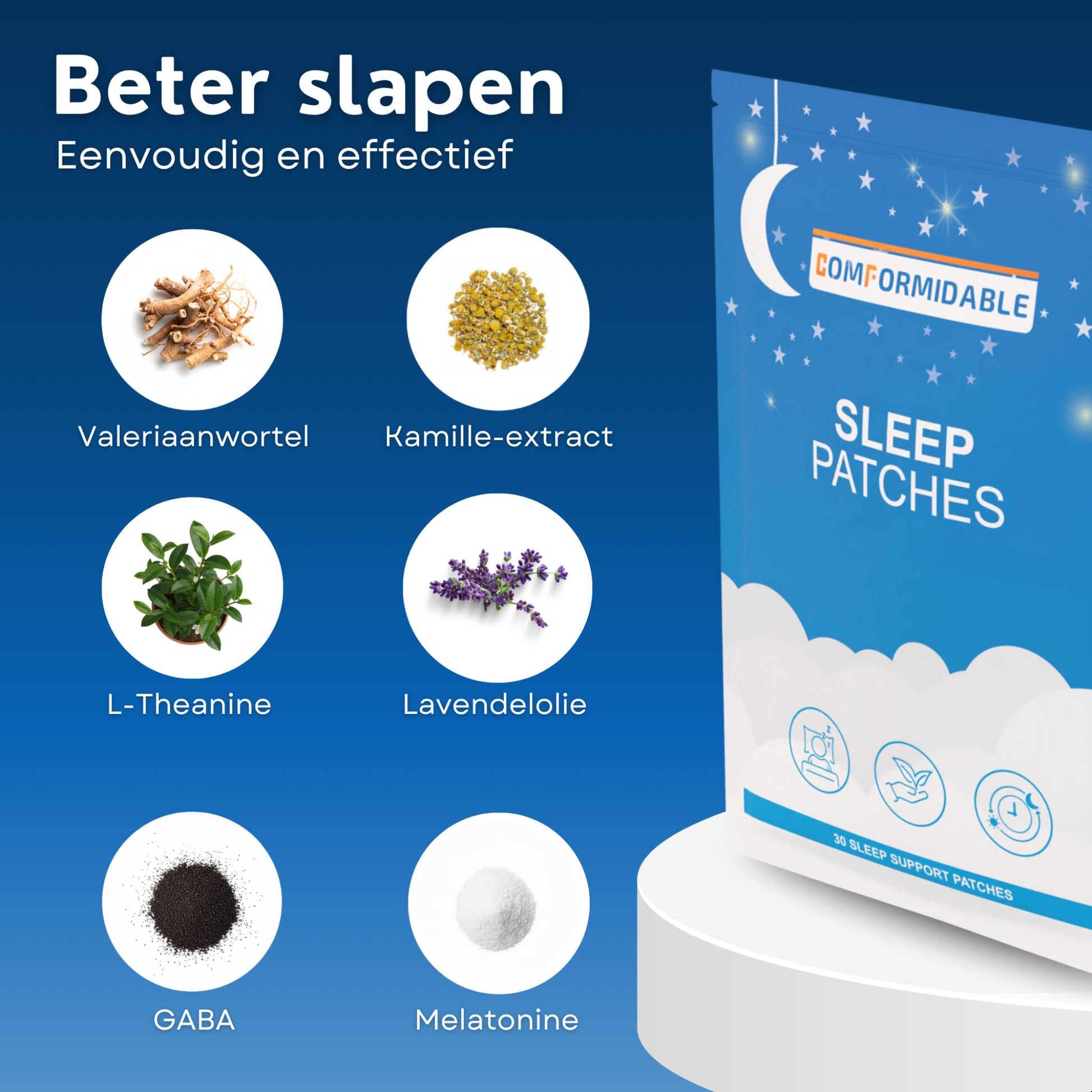 Overzicht van natuurlijke ingrediënten in slaap­pleisters, waaronder valeriaanwortel, kamille-extract, L-theanine, lavendelolie, GABA en melatonine, naast de productverpakking.