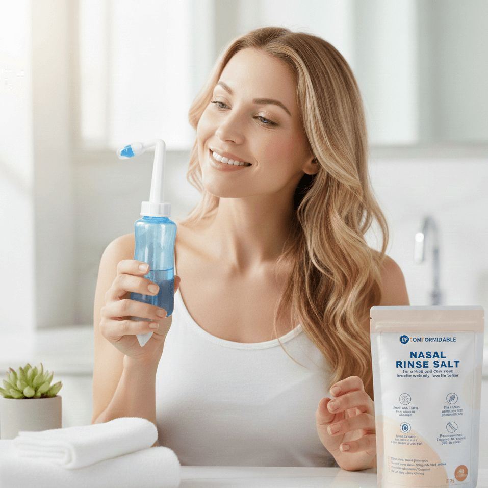 Lachende vrouw houdt een blauwe neusspoelfles vast naast een verpakking Nasal Rinse Salt in de badkamer.