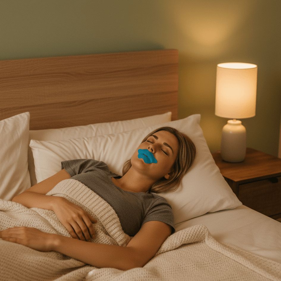 Vrouw die vredig in bed slaapt met een blauwe mondstrip om snurken te voorkomen en de slaapkwaliteit te verbeteren.