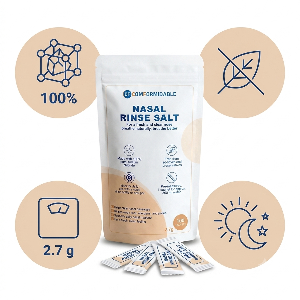 Kenmerken Comformidable spoelzout: 100% zuiver natriumchloride, zonder toevoegingen, 2,7 gram per zakje, geschikt voor dagelijks gebruik